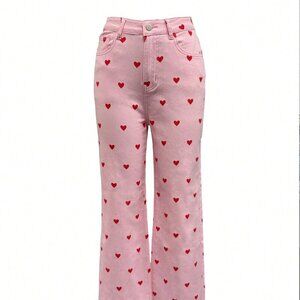 Pink Casual Women's Elastic Fitted Heart Pattern Narrow Leg Pants